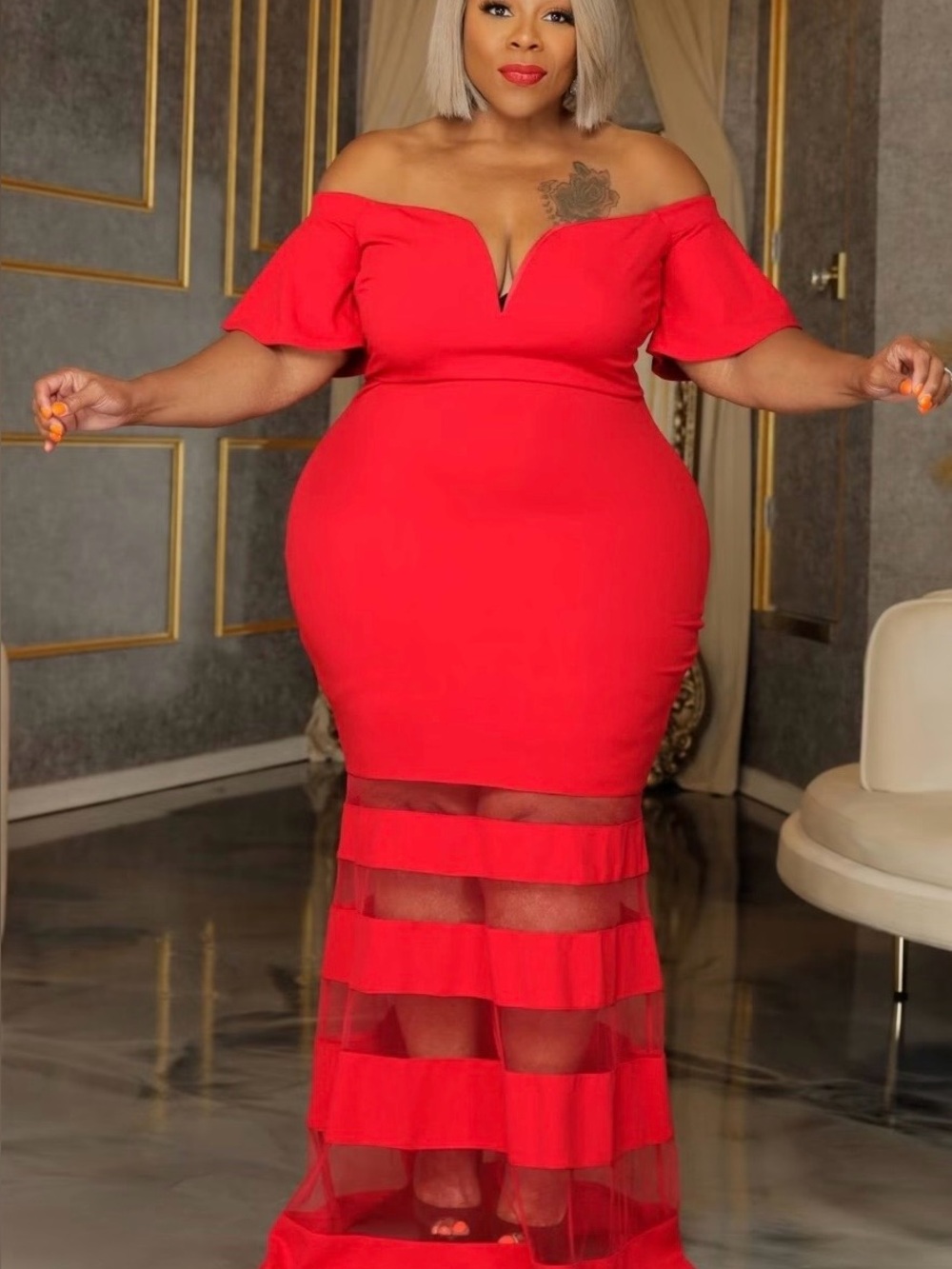 Slightly Off-Shoulder Red Maxi Dress with Sheer Tiered Hem